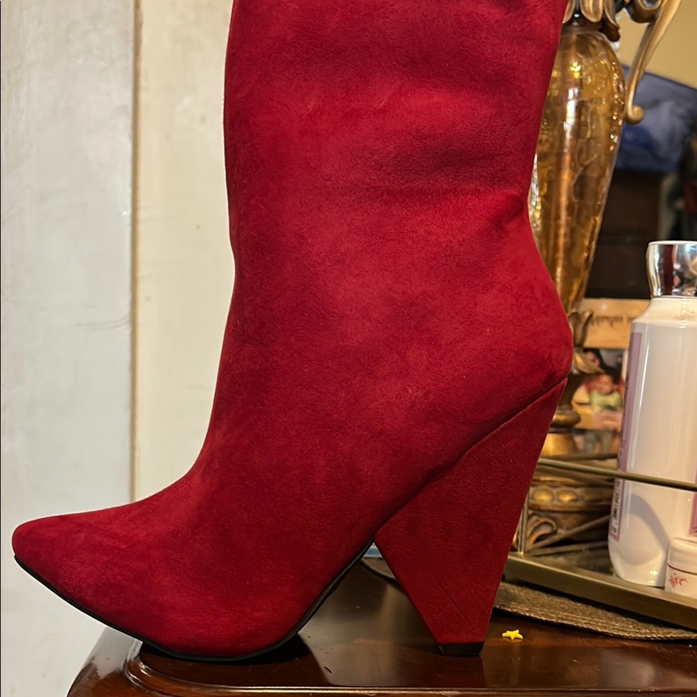 BAMBOO Red Ankle Booties with Chunky Heel